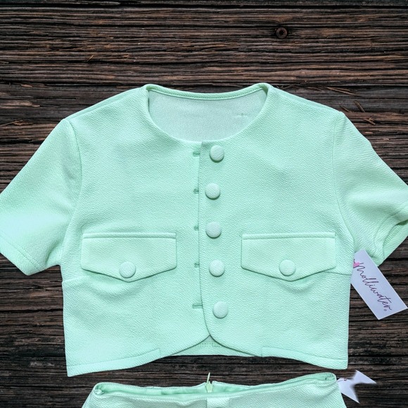 NWT XS Mint Green 2 Piece Mini Skirt Cardigan Set Retro Crop Y2k Trendy Vintage - Picture 3 of 7